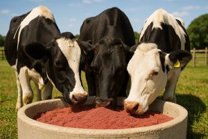 دام‌های سالم در مزرعه در حال تغذیه با خوراکی حاوی پودر انار، یک افزودنی طبیعی و مکمل مغذی از پودر میوه.